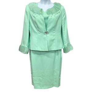 Elite Champagne Skirt Suit Womens 12 Mint Green 3 Piece Embellished Church